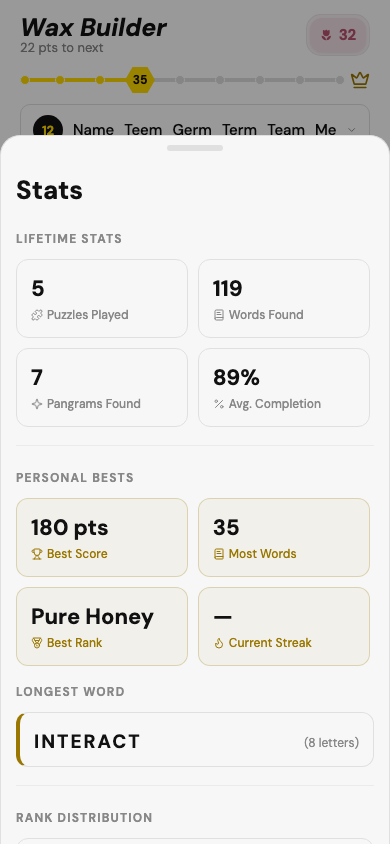 Stats screen with lifetime stats, personal bests, and longest word