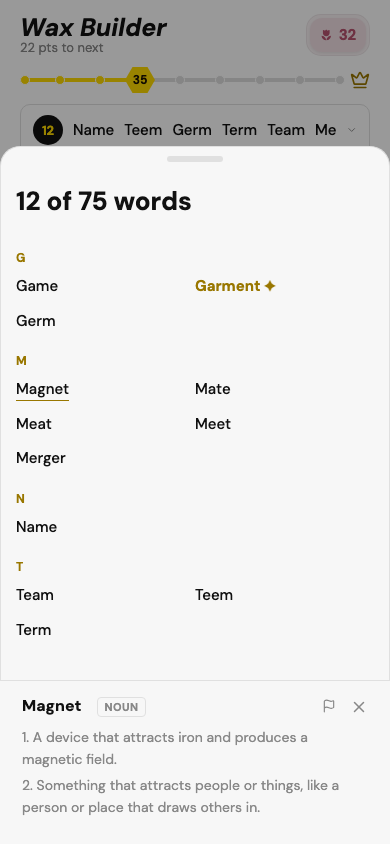 Word list with a definition shown for a tapped word